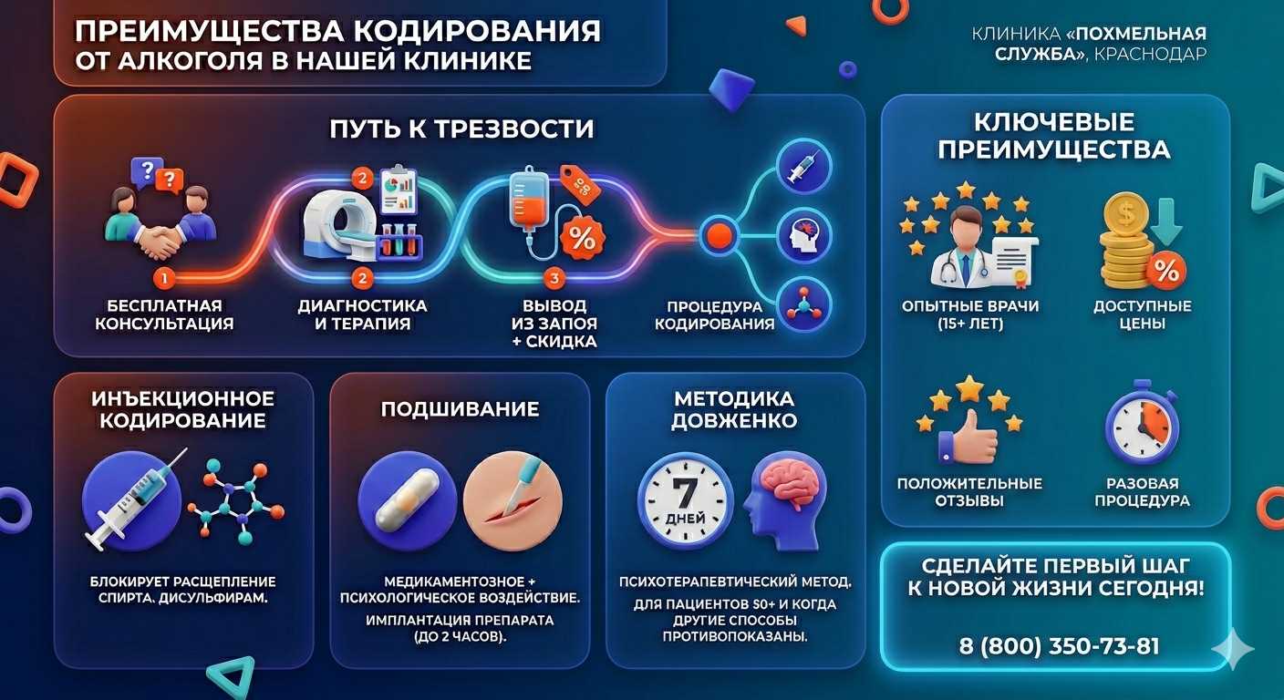 Инфографика о методах кодирования от алкоголя в Домбаровском: инъекции, подшивание, метод Довженко. Преимущества клиники и этапы лечения.