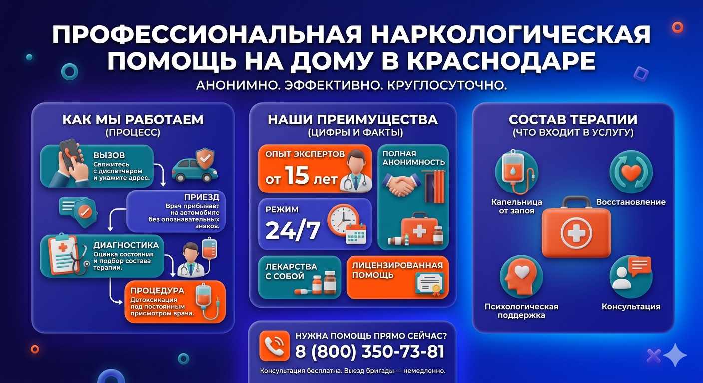 Инфографика о принципах лечения алкоголизма на дому в Домбаровском: этапы вызова нарколога, преимущества анонимной детоксикации и состав медицинской помощи.